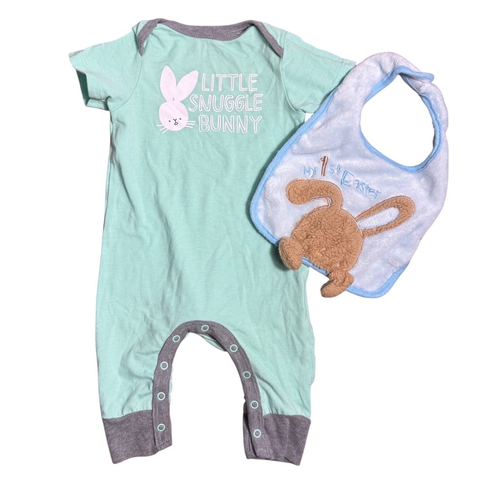 Cat & Jack Baby 0-3M Little Snuggle Bunny Romper and My 1st Easter Bib Set Green